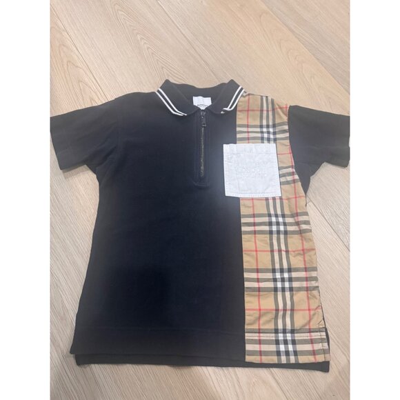 Burberry Kids Polo Shirt Size 10Y Black & Classic Check Panel with Zip Closure - Picture 1 of 9